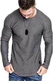 Men' s Long Sleeve Casual Shirts Solid Color Casual Top Stitching Stylish Dress Round Neck Slim Fit Male Shirts (Color: Grey, size: 3XL)