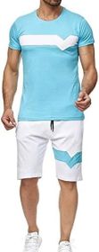 Men's Splicing 2 Piece Tracksuits Casual Short Sleeve Shirts and Shorts Suits (Color: Blue, size: S)