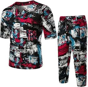 Floral Tracksuits for Men Casual Button Down Short Sleeve Hawaiian Shirts and Shorts Suits (Color: Red, size: L)