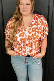 Orange Plus Size Floral Print Drawstring V Neck Short Sleeve Blouse (Color: Pattern, size: (US 14W-16W)1X)