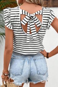 White Stripe Butterfly Sleeve V Neck Hollowed Knot Back T Shirt (Color: White, size: (US 4-6)S)