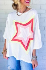 White Colorblock Star Patched Half Sleeve Oversized Tee (Color: White, size: S)